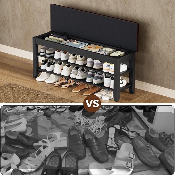 Shoe Rack Bench with Flip-Top Storage, Solid Wood Entryway Bench with Cushion, Adjustable Shelf, for Hallway, Mudroom, Closet – Black, 39.4"