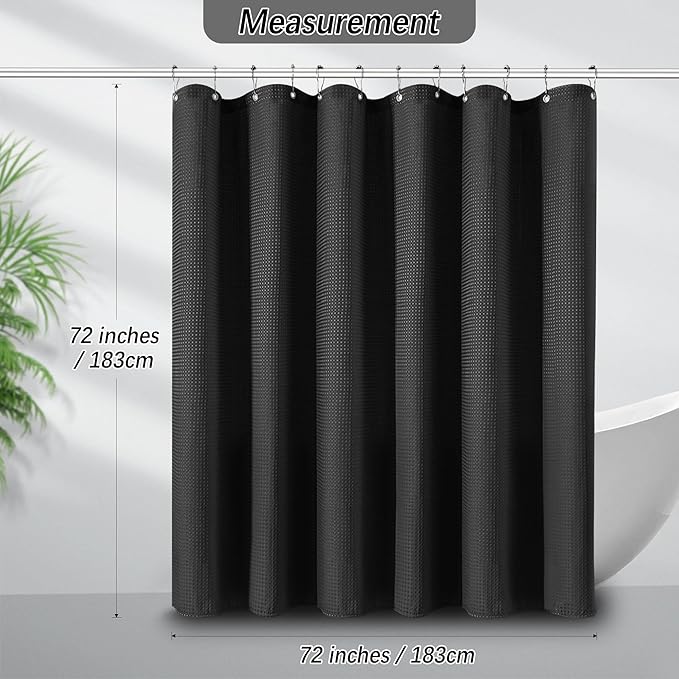 Black Shower Curtain 256GSM Heavy Duty Waffle Woven Bathroom Shower Curtains, Weighted Fabric for Hotel Spa Luxury Polyester Bath Curtain with 12 Hooks, 72Wx72H