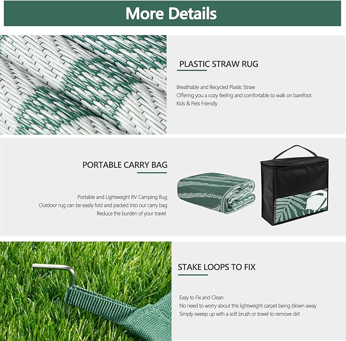 Waterproof Outdoor Rug 9x12 ft, Reversible Plastic Straw Mat with Leaf Pattern, Large Floor Mat for Patio, Camping, Picnic, Backyard RV, Deck, Dark Green