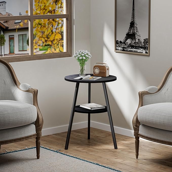 INHABIT UNION Round Side Table 2 Tier End Table Small Accent Table Black Sofa Table for Living Room/Bedroom, with Wooden Boards Storage