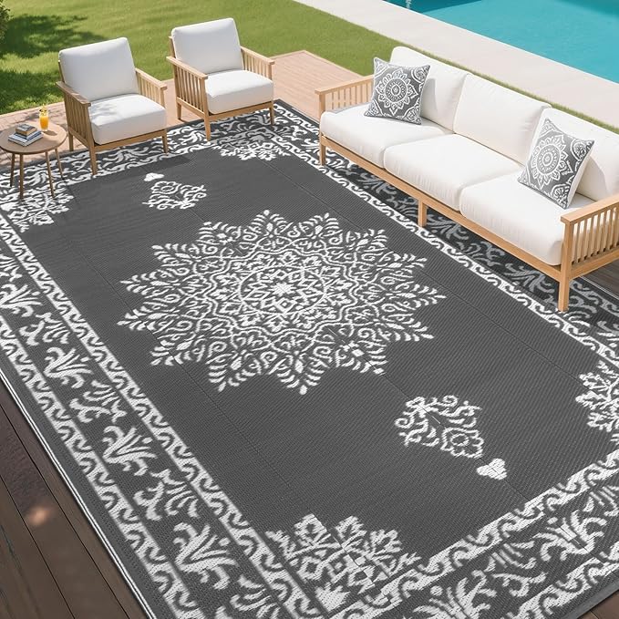 Yamaziot Outdoor Rug 9x12 Ft, Waterproof Plastic Straw Patio Rug, Reversible Backyard Carpet UV Resistant Portable RV Mat Clearance, Large Indoor Outdoor Rug for Patio, Porch, Deck, Balcony, Dark Gray