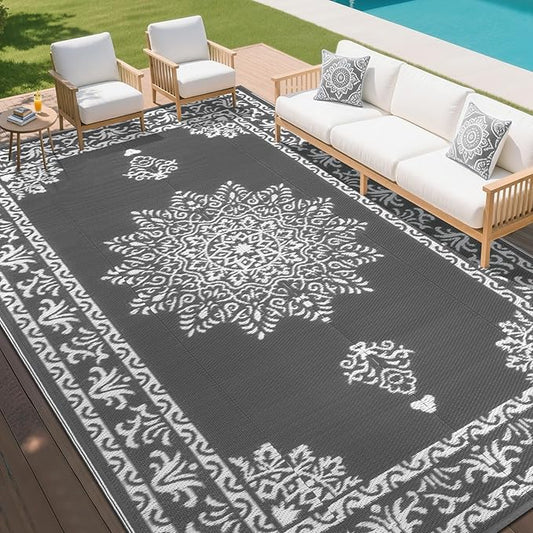 Yamaziot Outdoor Rug 9x12 Ft, Waterproof Plastic Straw Patio Rug, Reversible Backyard Carpet UV Resistant Portable RV Mat Clearance, Large Indoor Outdoor Rug for Patio, Porch, Deck, Balcony, Dark Gray