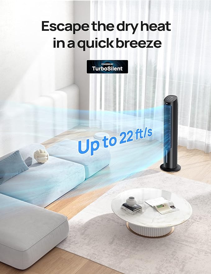 Dreo Evaporative Air Cooler, 40” Standing Fans that Blow Cold Air, 80° Oscillating Bladeless Cooling Fan for Bedroom, Swamp Cooler, Removable Water Tank, Ice Pack, Remote, 3 Mode 4-Speed, Black