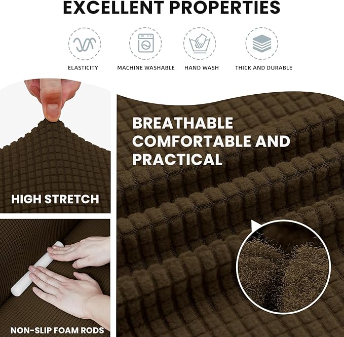 LURKA Stretch Sofa Slipcovers 1 Piece Couch Covers for 3 Cushion Couch Sofa Furniture Protector Full Sofa Covers with Elastic Bottom for Kids and Dog (Brown, Large)