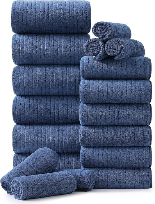 18 Piece Family Bath Towel Set Include 6 Bath Towels,6 Hand Towels and 6 Washcloths Soft Bathroom Towel with Hanging Loops,Highly Absorbent Quick Dry Towels Set for Bathroom,Hotel and Spa-Navy