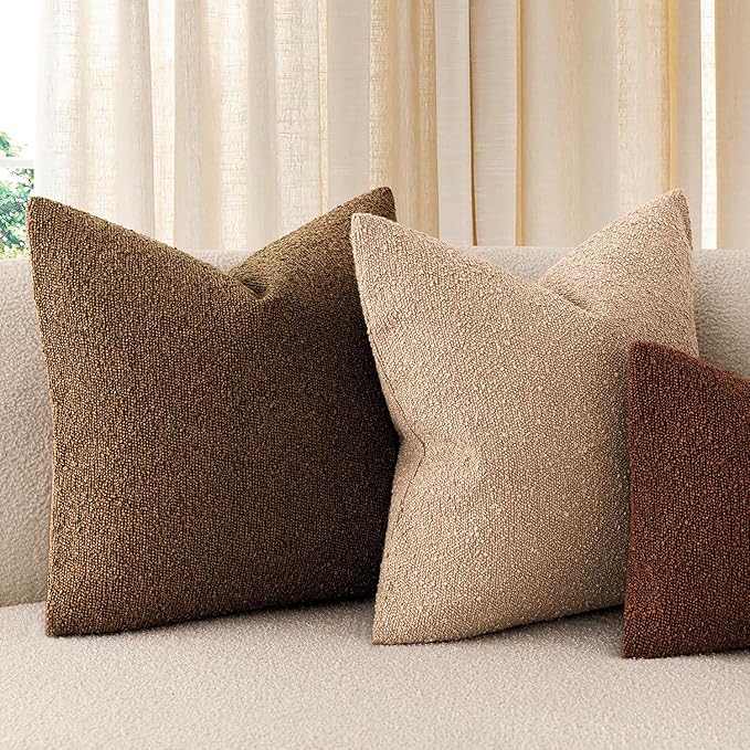 Foindtower Pack of 2, Decorative Textured Boucle Throw Pillow Covers Neutral Accent Solid Pillow Cases Cozy Soft Couch Cushion Case for Chair Sofa Bedroom Living Room Home Decor 22x22 Inch Hazel Brown