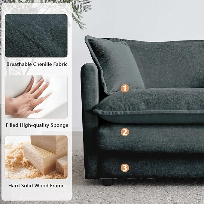 mikibama Luxury Loveseat Sofa Couch, 76" Modern Chenille Deep 2-Seater Cloud Couch with 2 Armrest Pillows and 2 Toss Pillows, Love Seat for Living Room Bedroom Office Apartment, Grey