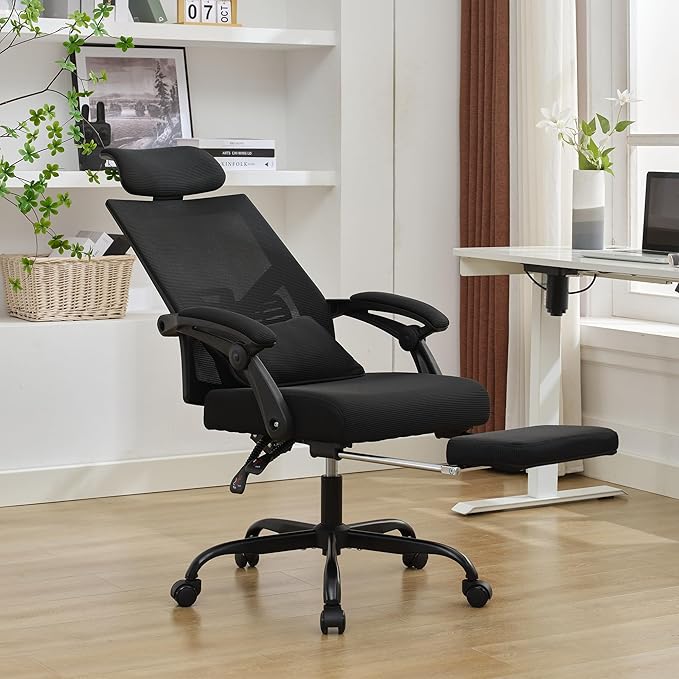 Qulomvs Ergonomic Office Chair with Footrest Home Office Desk Chair with Headrest and Backrest 90-135 Adjustable Mesh Computer Desk Chair with Wheels 360 Swivel Task Chair