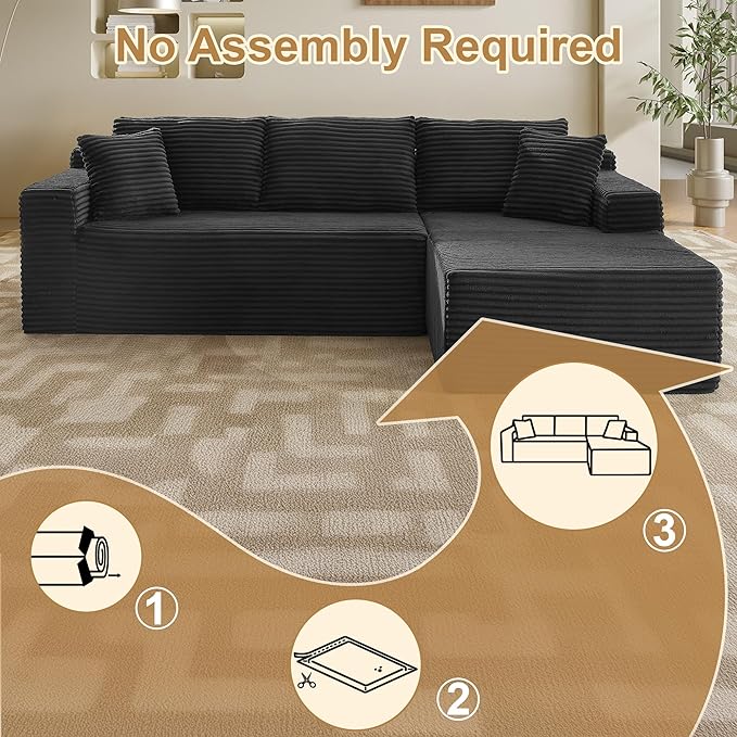 105''Sectional Cloud Couch with L Shaped Chaise,Modern Modular Sectional Sofa,Comfy Sectional Couches for Living Room,Bedroom,Apartment (Black, Right Facing Chaise)