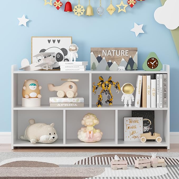 Book Shelf for Kids, 5 Cubes Storage Organizer Montessori Shelf, Wooden Kids Bookcase, Toy Storage Organizer for Children, White Toddler Bookshelf Cube Shelf for Kid’s Room, Classroom