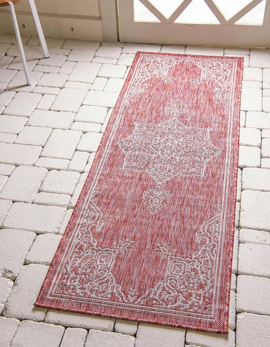 Unique Loom Outdoor Traditional Collection Area Rug - Antique (2' 7" x 10' Runner Rust Red/Ivory)