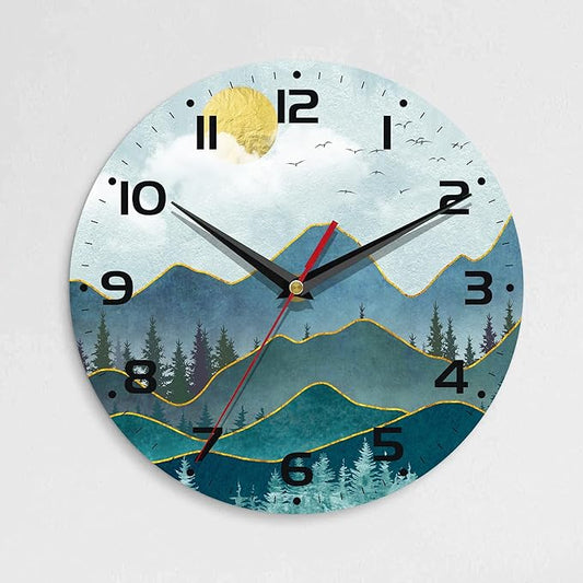 Wall Clock, 10 Inch Silent Non-Ticking Home Kitchen Decor, Battery Operated for Bathroom Bedroom Living Room Office(Abstract Mountain Sun)
