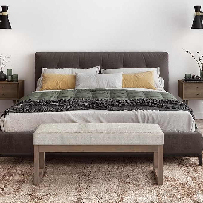 SIMPLIHOME Milltown 45 inch Wide Contemporary Rectangle Large Ottoman Bench in Platinum Tweed Look Fabric, Assembled, For the Living Room and Bedroom