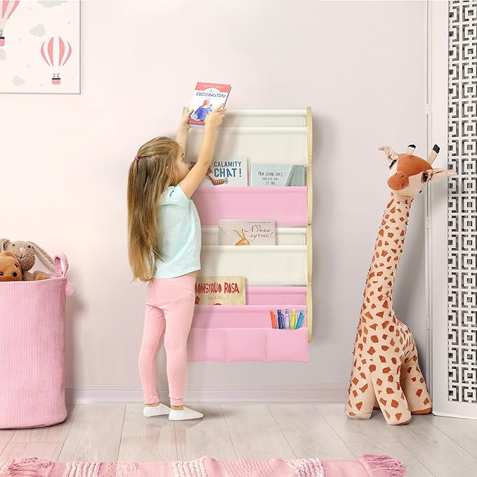 Wooden Wall Mounted Bookshelf for Kids Rooms, 4 Tier Floating Nursery Book Shelf, Kids Bookshelf with 2 Pockets, Toddler Sling Book Rack with Deep Sleeves (Pink)
