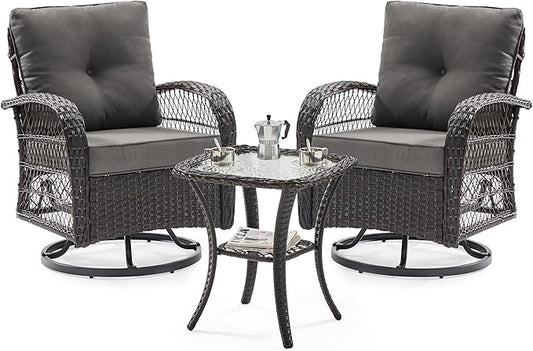 UDPATIO 3 Pieces Patio Furniture Set, Outdoor Swivel Rocker Patio Chairs Set of 2, All-Weather PE Wicker Glider Chairs with Thick Cushions and Glass Coffee Table,for Porch Deck Backyard Grey