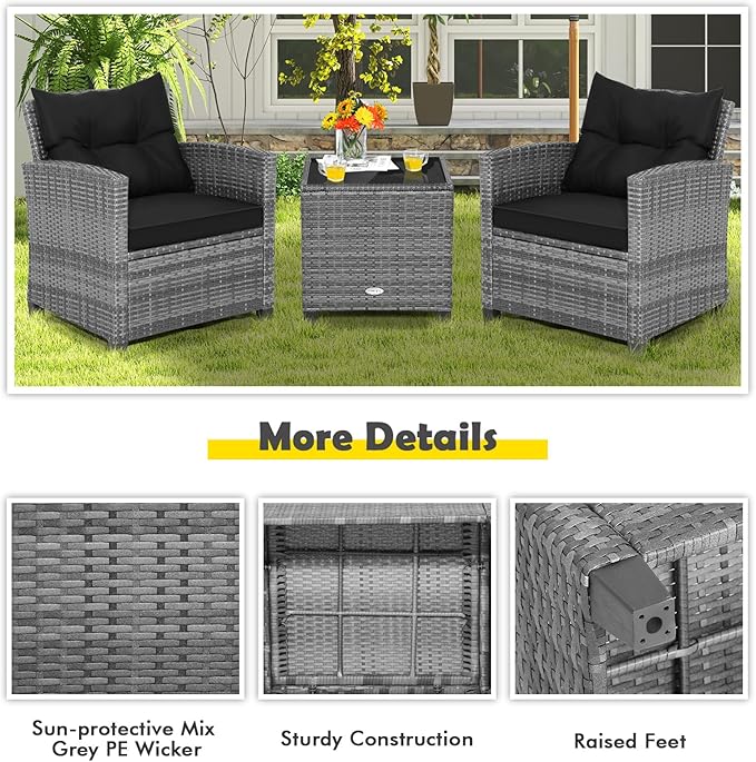 Tangkula 3 Pieces Patio Furniture Set, Outdoor PE Rattan Conversation Chair Set with Tempered Glass Side Table and Removable Cushions, PE Wicker Chairs and Table Set for Porch, Balcony and Garden