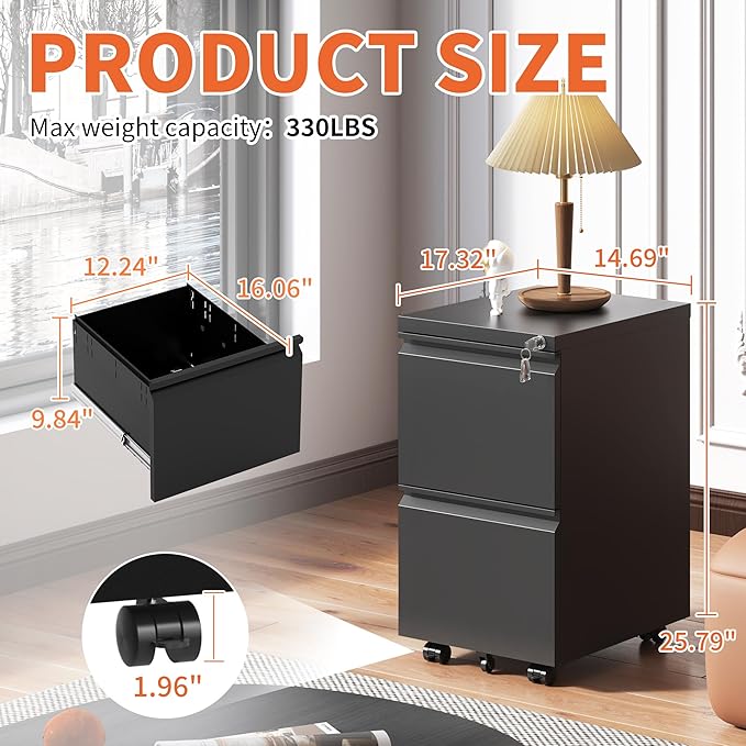 2 Drawer Mobile File Cabinet Under Desk Metal Filing Cabinet Vertical File Cabinet with Lock Office Rolling Storage Cabinets for Legal/Letter/A4 File Fully Assembled Except Wheels