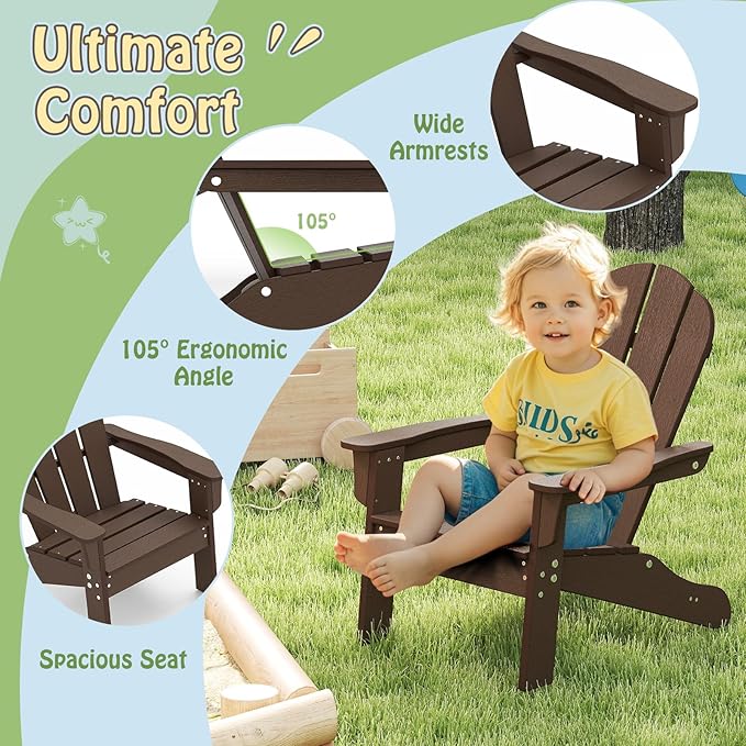 Giantex HDPE Kids Adirondack Chair - All-Weather Lawn Toddler Chair with Ergonomic Design, Children’s Outdoor Chair for Toddlers Ages 3-8, Kid’s Patio Furniture for Deck, Garden (4, Brown)