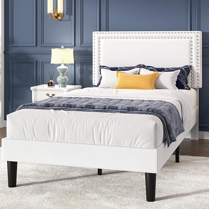 VECELO Twin Size Platform Bed Frame with Height Adjustable Upholstered Headboard, Strong Wood Slats Support, No Box Spring Needed, Easy Assembly