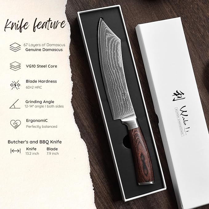 Wakoli EDIB Grill & Butcher Knife 8-inch - 67-Layer Damascus VG10 Core Steel, Professional Chef Knife with Pakkawood Handle, for Meat, Vegetables & Outdoor Grilling in Gift Box