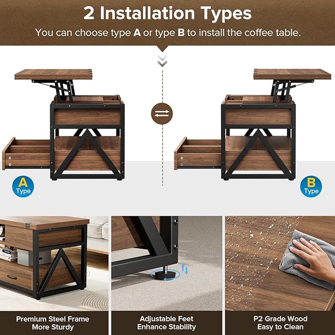 40" Lift Top Coffee Table,4 in 1 Multi-Function Lift Coffee Tables with Storage Drawers and Hidden Compartmen,Farmhouse Coffee Table with Lifting top for Living Room, Walnut