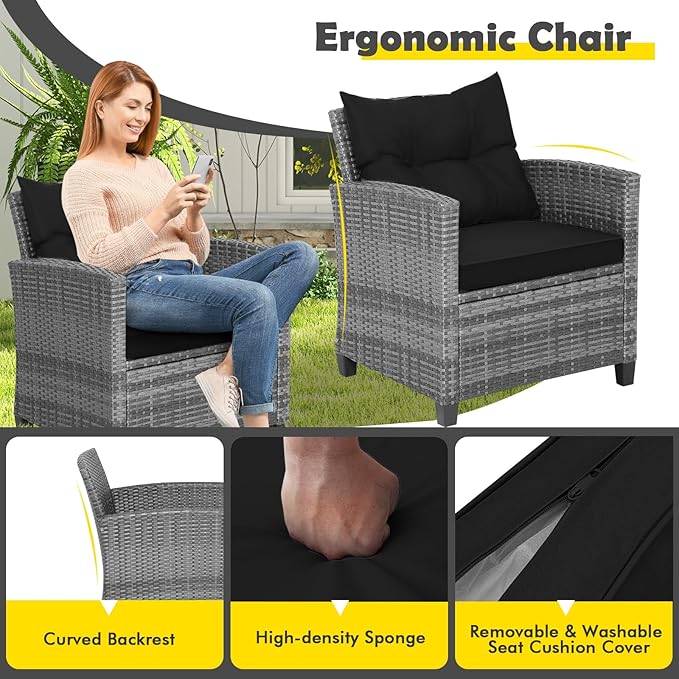 Tangkula 3 Pieces Patio Furniture Set, Outdoor PE Rattan Conversation Chair Set with Tempered Glass Side Table and Removable Cushions, PE Wicker Chairs and Table Set for Porch, Balcony and Garden