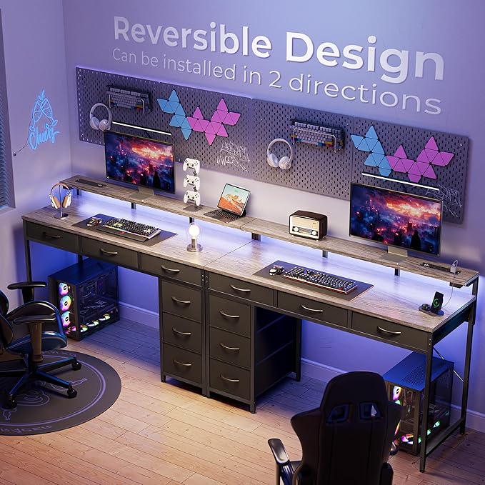 Huuger Gaming Desk with 6 Drawers, Computer Desk with LED Lights Power Outlets and Type-C, 47 Inch Office Desk with Storage, Monitor Stand, Writing Desk Work Desk for Home Office, Bedroom, Study, Grey