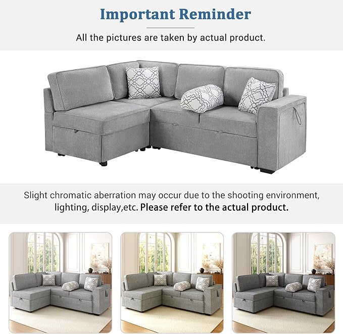 Ball & Cast Convertible Sleeper Sofa Bed,Chenille L Shaped Pull Out Couch Bed with Flip-Top Table,USB Ports & Hidden Cup Holders,Corner Sectional Sofa Couches for Living Room,Light Gray