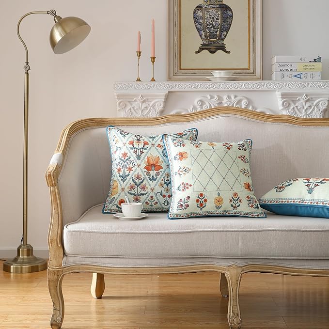 Design Square Linen Throw Pillow Covers 18"x18" Pack of 2, Blue Floral Country Cushion Covers with Colorful Wildflower Pattern Decor Pillowcases for Bed,Living Room,Outdoor,Car