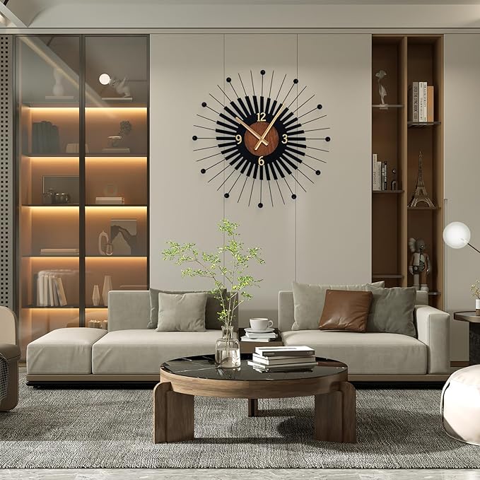 22 Inch Modern Sunburst Wall Clock Battery Operated, Black Metal Radiating Design with Walnut Wood Center, Silent Quartz Movement, Gold Hands – Decorative Clocks for Living Room, Office, Bedroom