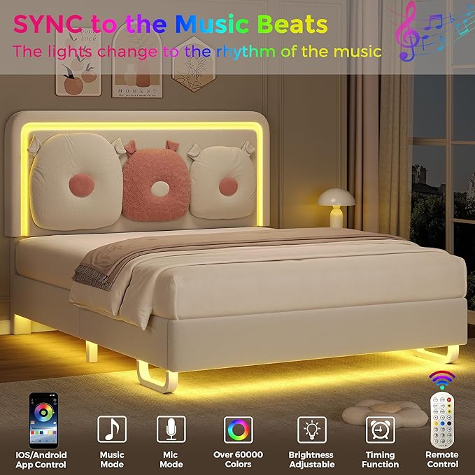 Full Size Upholstered Bed Frame with LED Lights, Girls Bed with Adjustable Chic Double Headboard, Boucle Princess Platform Bed for Girls, Solid Wood Slats Support, No Box Spring Needed, Beige