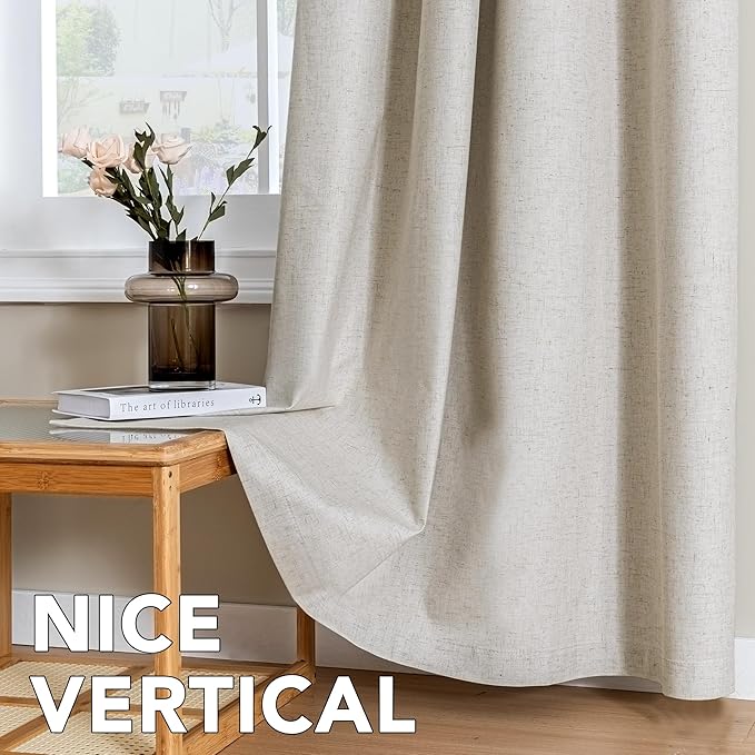 H.VERSAILTEX Linen Curtains 100% Blackout Curtains for Bedroom 108 inch Long Full Light Blocking Nature Linen Blended Window Curtains for Living Room Nickel Grommet (2 Panels, Heathered Linen)