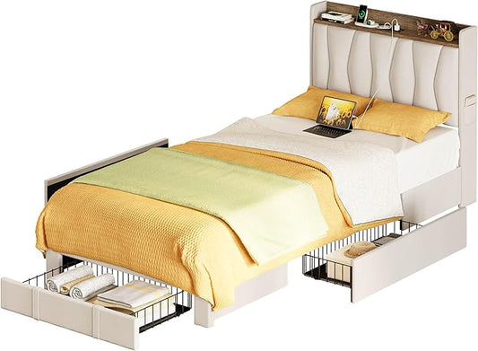 ANCTOR Twin XL Bed Frame with 3 Drawers, Upholstered Platform Bed with Storage Headboard and Charging Station, No Box Spring Needed, Easy Assembly, Beige