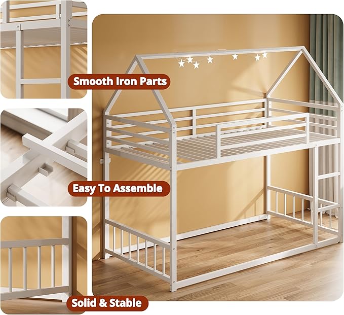 LIKIMIO Bunk Bed Twin Over Twin, House Bunk Bed Frame with Ladder and Guardrail, House Shaped with Metal Slats for Dormitory and Bedroom, Space Saving, No Box Spring Needed, White