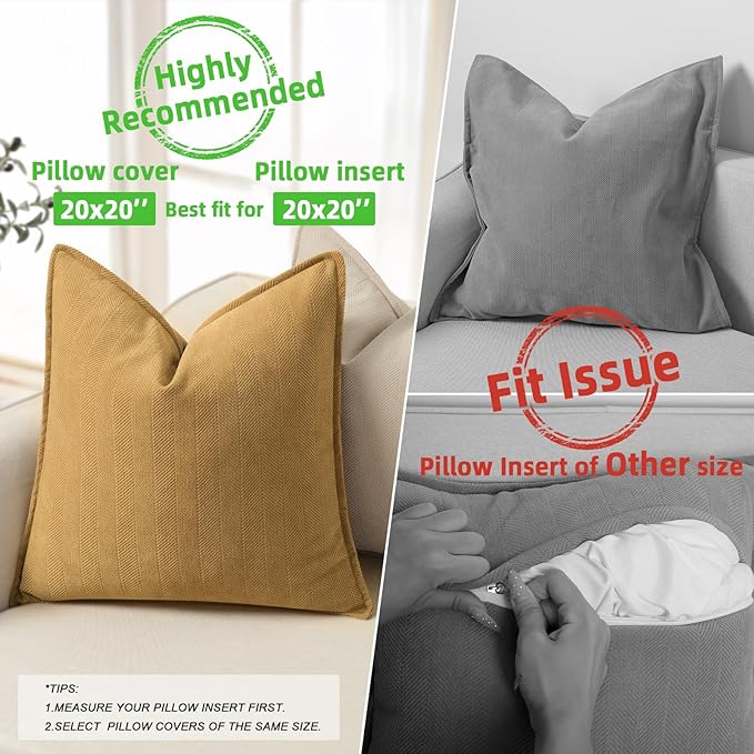 ZWJD Mustard Yellow Throw Pillow Covers 20x20 Set of 2 Chenille Pillow Covers with Elegant Design Soft and Luxurious Decorative Throw Pillows for Couch, Bed, and Home Decor