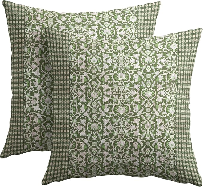 Kawani Green Antique Pillow Covers 16x16 Inch Vintage Floral Block Print Decorative Throw Pillows Set of 2 Retro Turkish Pillowcases for Couch Indoor Outdoor Home Decor