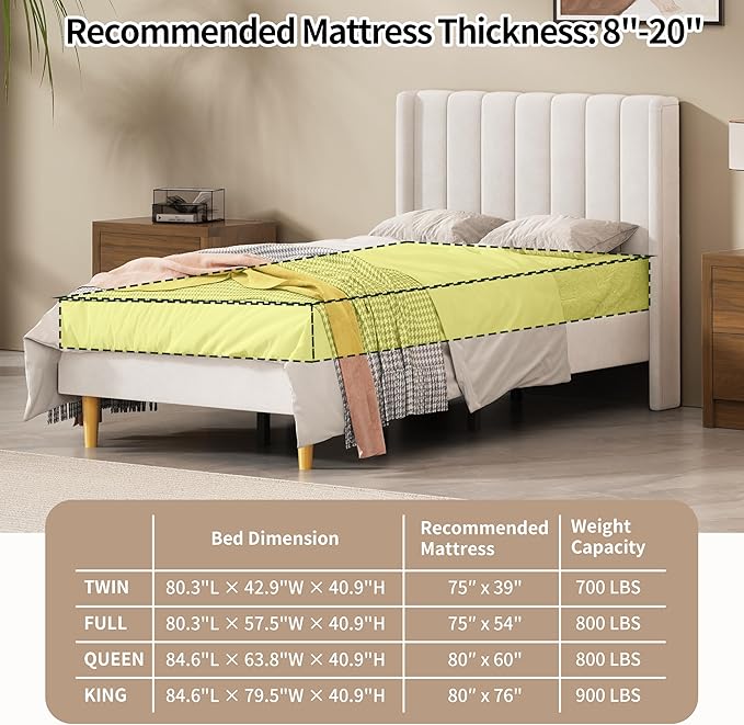 Twin Size Upholstered Platform Bed Frame with Modern Wingback & Vertical Panel Headboard, Velvet Fabric, Wooden Legs & Slats Support, No Box Spring Needed, Noise-Free & Easy Assembly, Cream