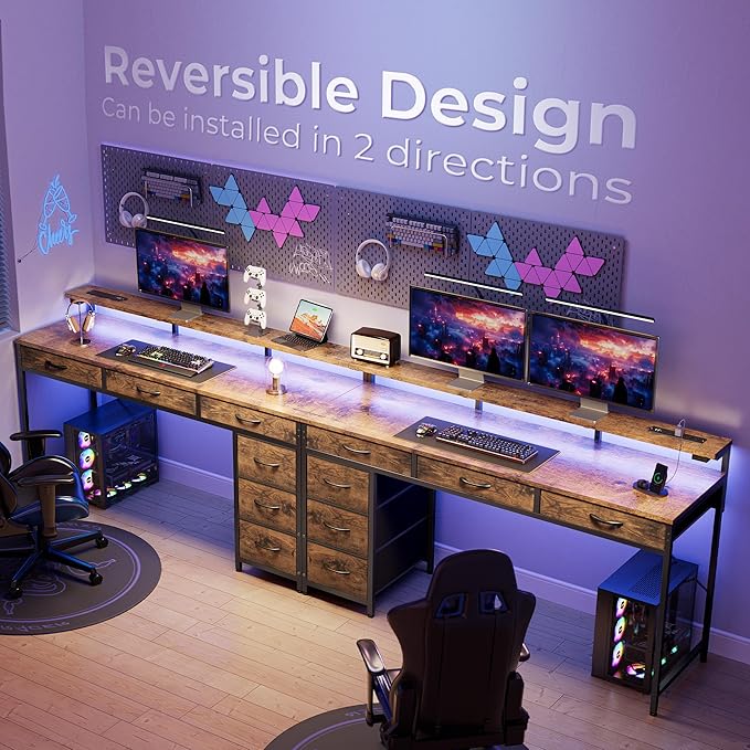 Huuger Gaming Desk with 6 Drawers, Computer Desk with LED Lights Power Outlets and Type-C, 55 Inch Office Desk with Storage, Monitor Stand, Writing Desk Work Desk for Home Office, Study, Rustic Brown