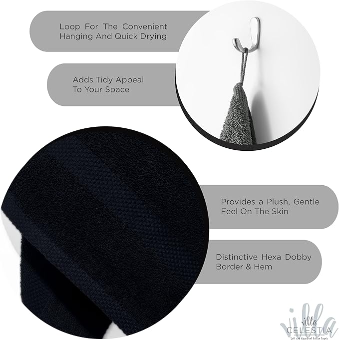 100% Cotton Hand Towel Set of 2, (16 x 28 inches) Sustainable, Soft, Highly Absorbent, Quick Drying, Combed Cotton Hand Towels Pack of 2 Ideal for Hotels, Spa, Bathroom, Dorm, Black