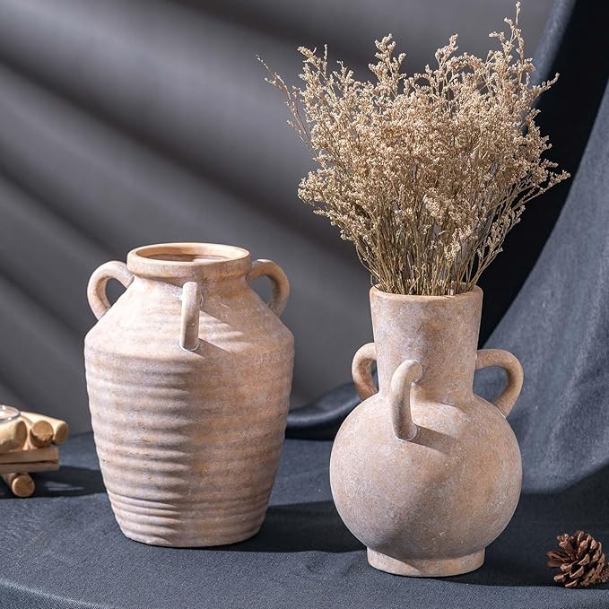 Beige Vintage Terracotta Ceramic Vase with Handles, Rustic Pottery Tulip Vase for Cottage Core Home Mantle Decor, Large Bulk Flower Vases Farmhouse Table Centerpieces, Jarrones Decorativos para Sala