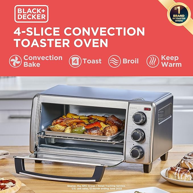 BLACK+DECKER 4-Slice Convection Oven, Stainless Steel, Curved Interior Fits a 9 inch Pizza, TO1313SBD