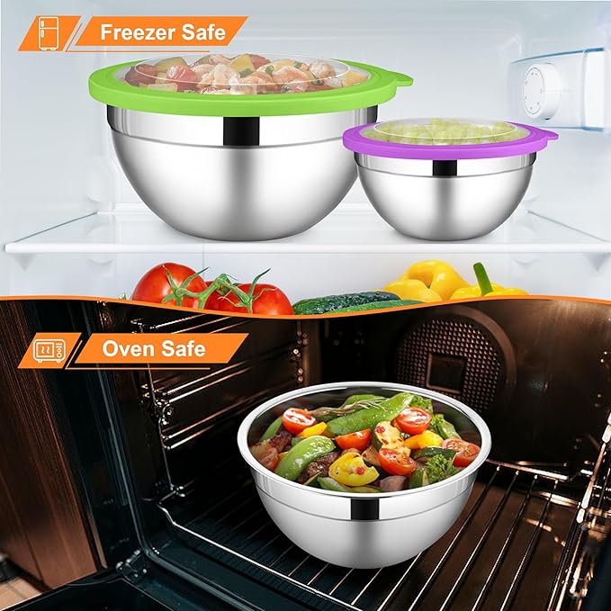 LIANYU Mixing Bowls with Visible Lid Sets of 6, Stainless Steel Metal Salad Nesting Bowls, Large & Small 7, 3.5, 2.5, 2, 1.5, 1QT Size For Kitchen, Baking, Storage, Food Prepping, Serving, Multi-Color