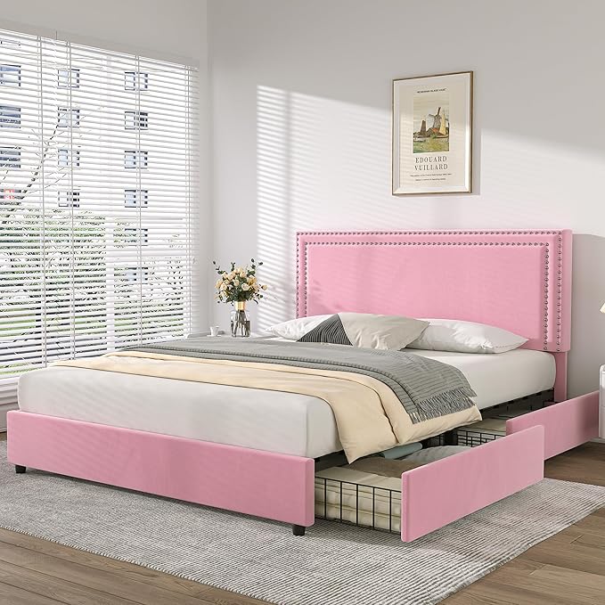 VECELO Queen Size Upholstered Platform Bed Frame with 4 Storage Drawers, Adjustable Velvet Rivets Headboard, Wooden Slats Support, No Box Spring Needed, Easy Assembly