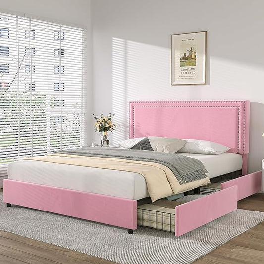 VECELO Queen Size Upholstered Platform Bed Frame with 4 Storage Drawers, Adjustable Velvet Rivets Headboard, Wooden Slats Support, No Box Spring Needed, Easy Assembly