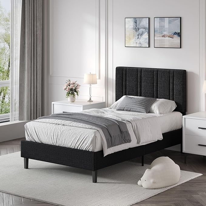 Twin Bed Frame, Upholstered Platform Bed with Button Tufted Headboard, Black Bed Frame Twin Size for Kids Girls Boys, No Box Spring Required, Easy Assembly, Black