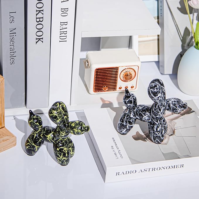 Creative Balloon Dog Statues Small Ceramic Animal Sculpture Modern Home Decor Living Room Desktop Decorations Bedroom Office Cabinet Ornament (Black-C)