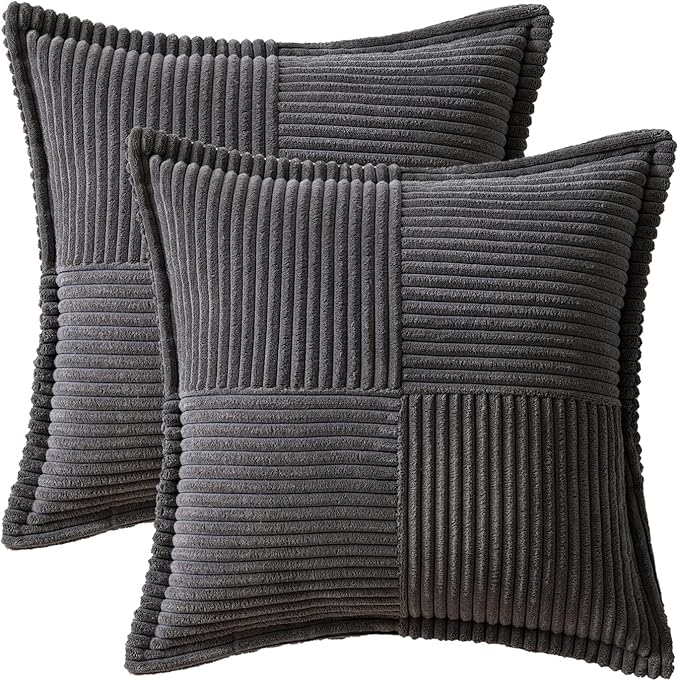 MIULEE Decorative Throw Pillow Covers for Couch Bed Livingroom 18x18 Inch Set of 2 Dark Grey Boho Accent Throw Pllows Broadside Striped Patchwork Soft Corduroy Pillowcases