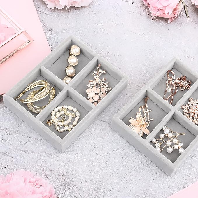 DesignSter Small Jewelry Tray, 2PCS Ring Organizer, Velvet Jewelry Display Tray, Stackable Jewelry Organizer Trays, Jewelry Drawer Organizer Inserts For Dresser, Jewelry Box (Gray)