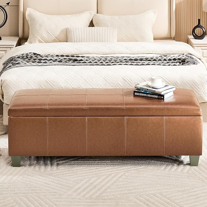 51" Faux Leather Storage Ottoman, Stitch Tufted Rectangle Upholstered End of Bed Storage Bench, Entryway Large Couch Ottoman with Wooden Legs, Light Brown