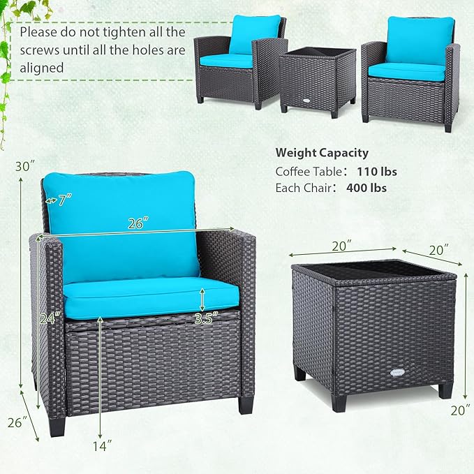 Tangkula 3 Pieces Patio Furniture Set, PE Rattan Wicker 3 Pcs Outdoor Sofa Set w/Washable Cushion and Tempered Glass Tabletop, Conversation Furniture for Garden Poolside Balcony (Beige/Turquoise)